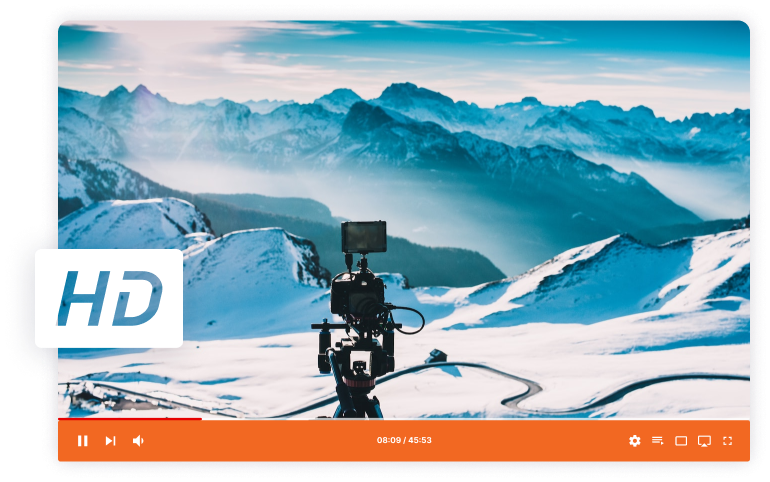 a video player playing which captures a camera in front of some with snow covered mountains and a HD badge